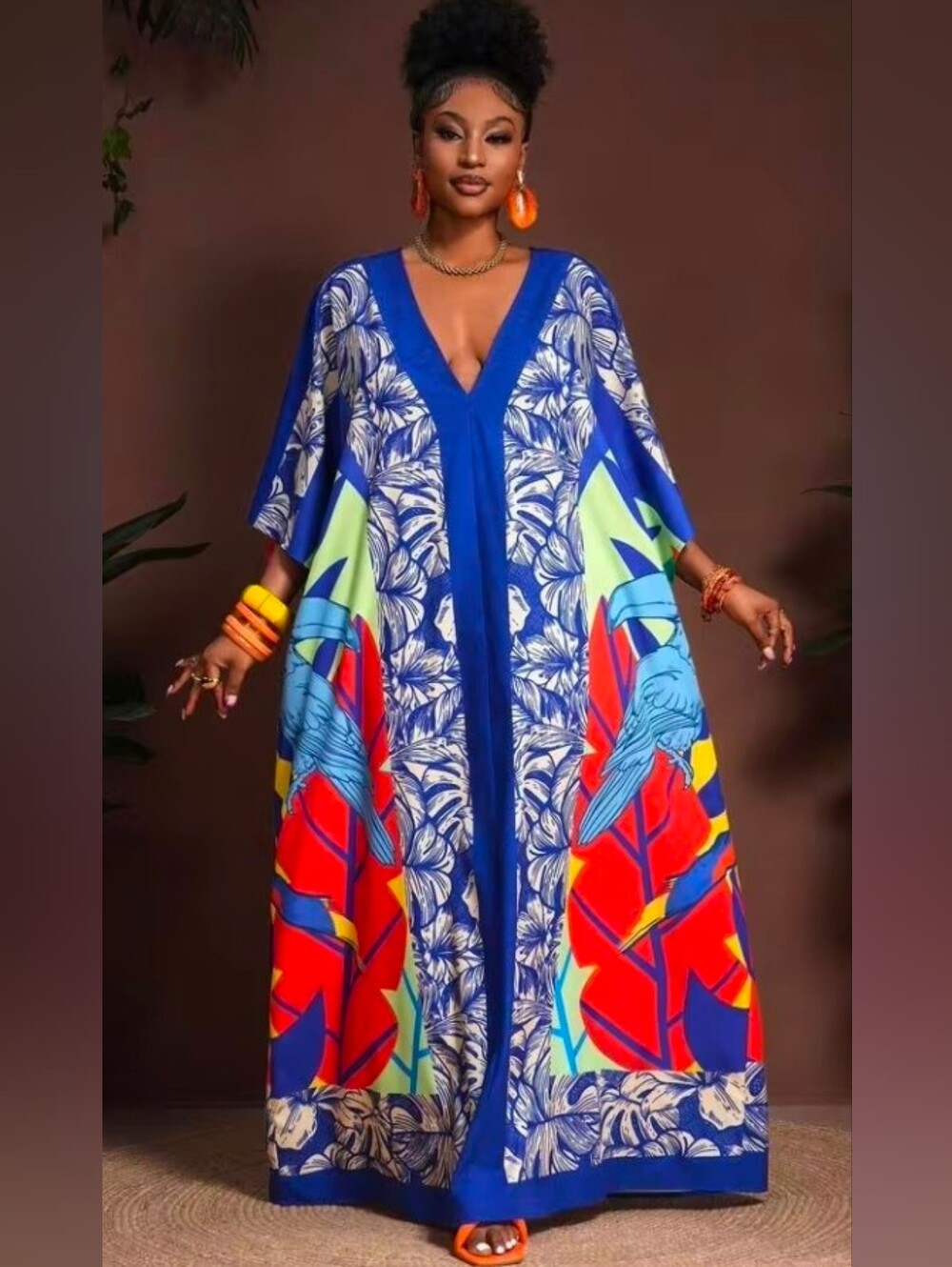 Shein Kaftan Blue Floral Toucan V-Neck Maxi Length Multicolor Tropical Size 8XL